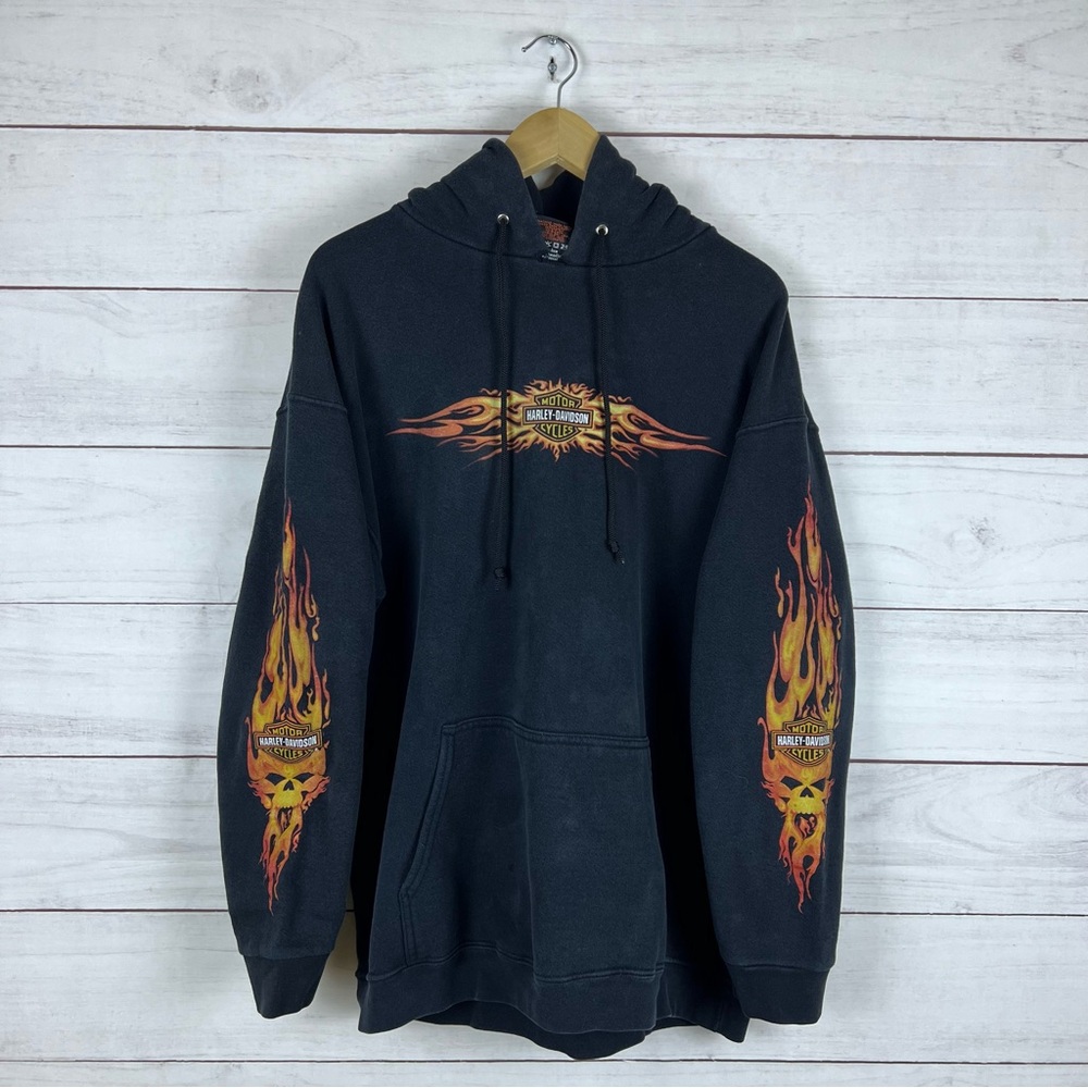 Vintage Y2K Harley Davidson Flames Faded Hoodie Large - Picture 1 of 8